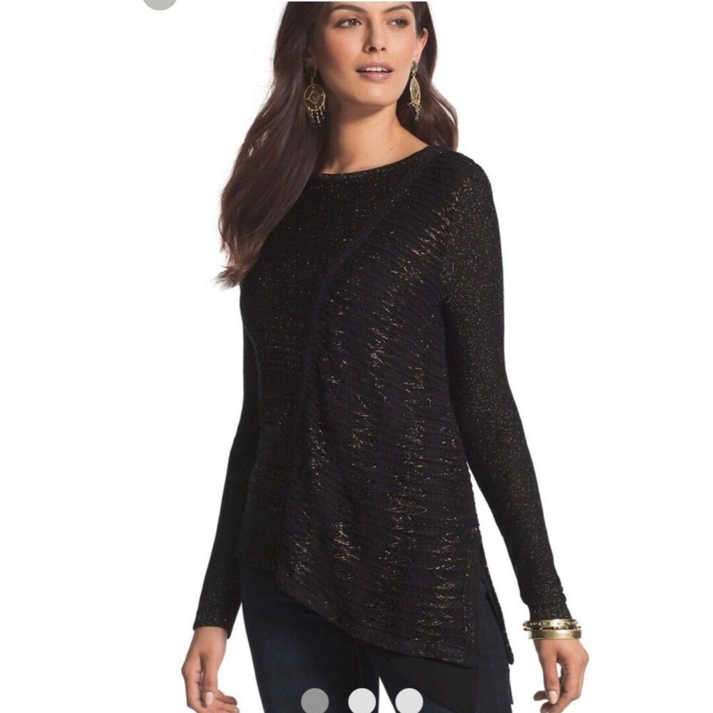Chico's Black Metallic Asymmetrical LS Sweater size 2 Large Holiday Office Y2k